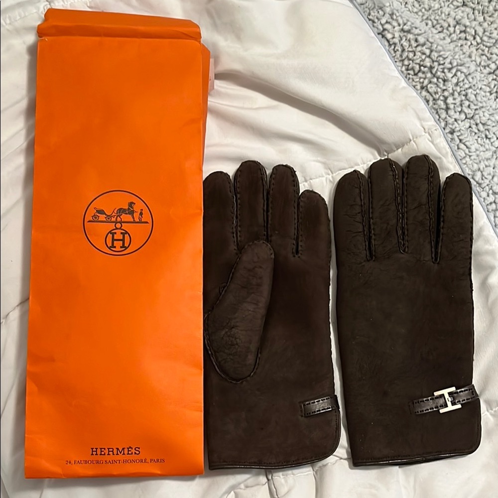 Hermes Shearling Men’s Gloves Brown